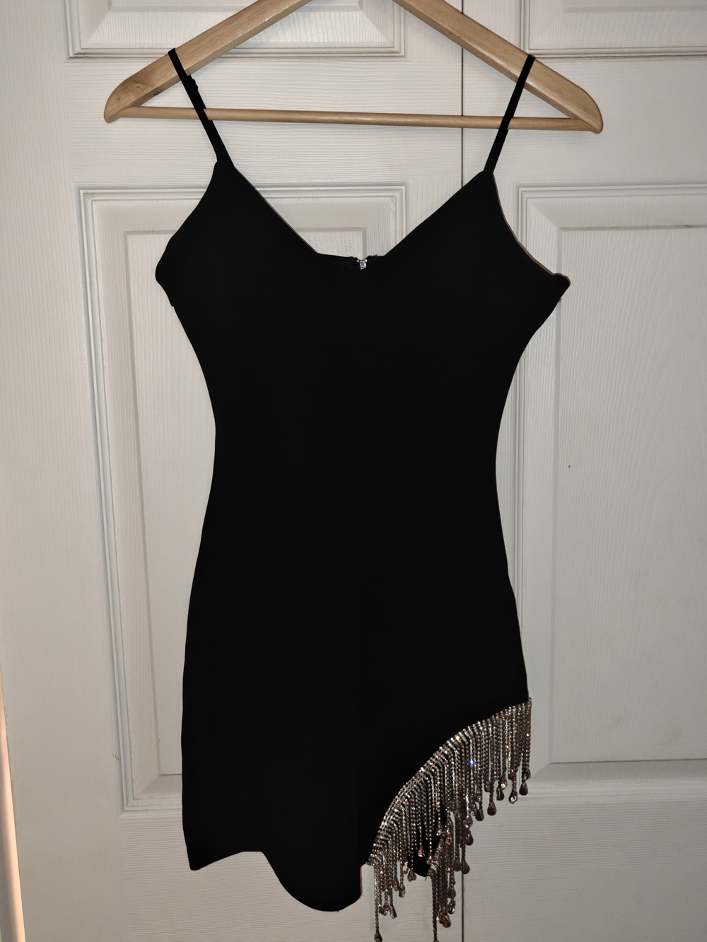 Black Spaghetti-Strap Mini Dress with Beaded Fringe